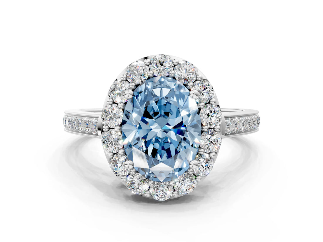 White gold Fancy Blue Oval Cut Diamond Floral Halo Ring with Pavé Band and Prong Setting_7