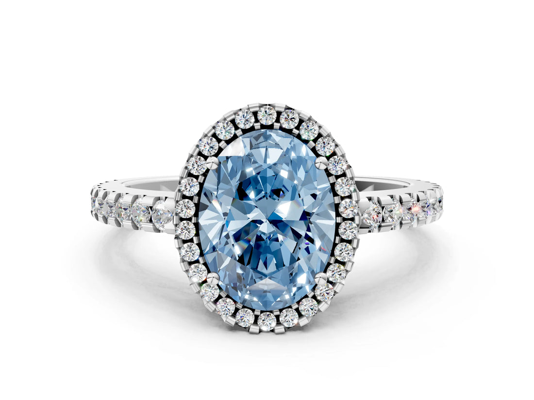 White gold Fancy Blue Oval Cut Diamond Halo Engagement Ring with Pavé Band and Prong Setting_45