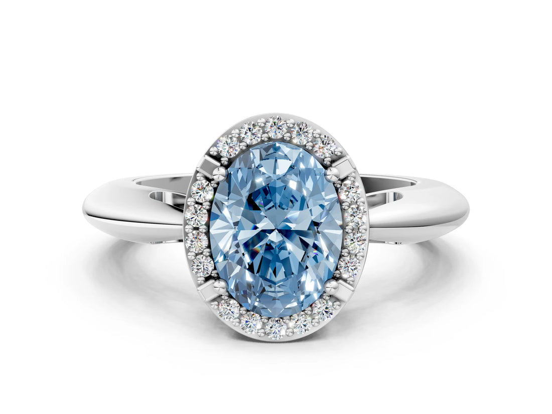 White gold Fancy Blue Oval  Cut Diamond Halo Engagement Ring with Split Shank and Four-Prong Setting_90