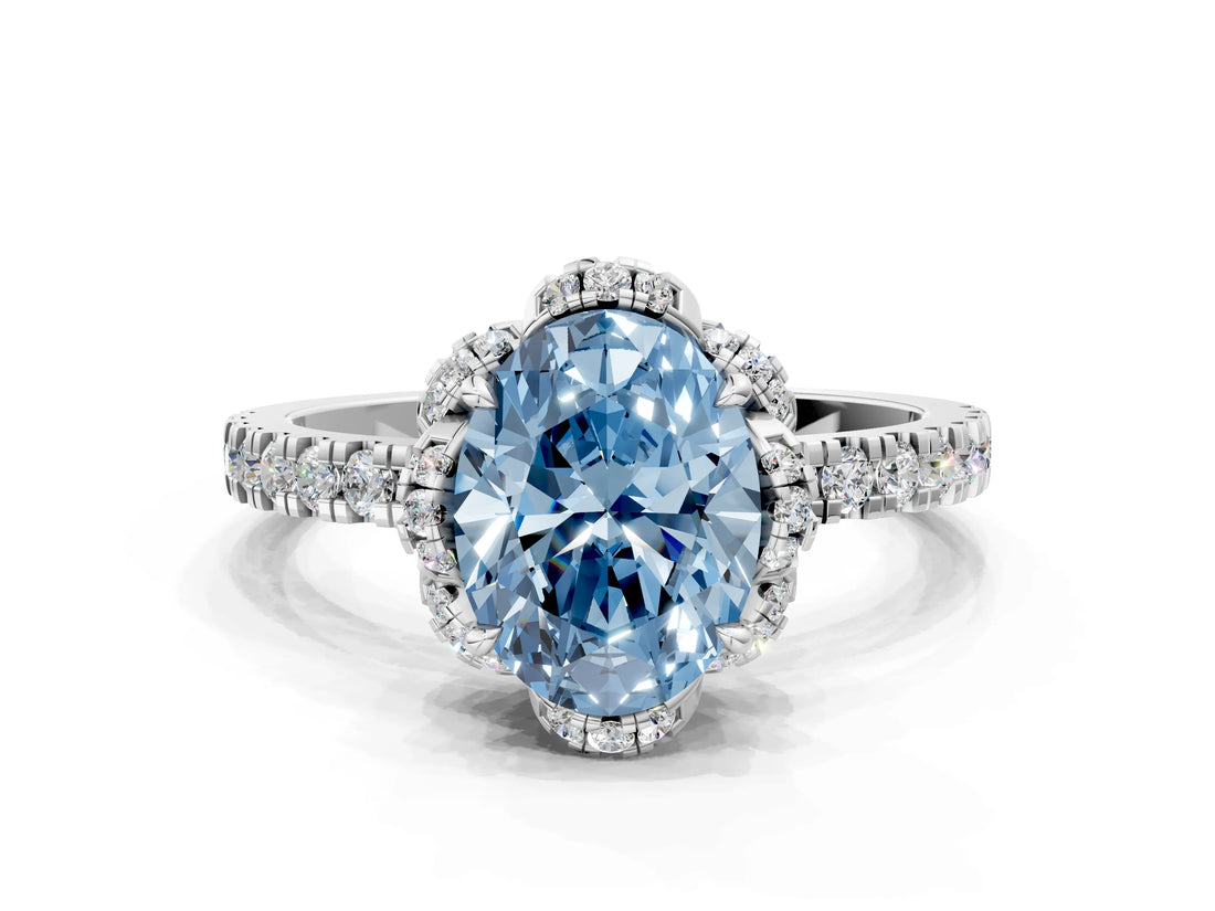 White gold Fancy Blue Oval Cut Diamond Halo Pave Band with Four-Prong Setting_3