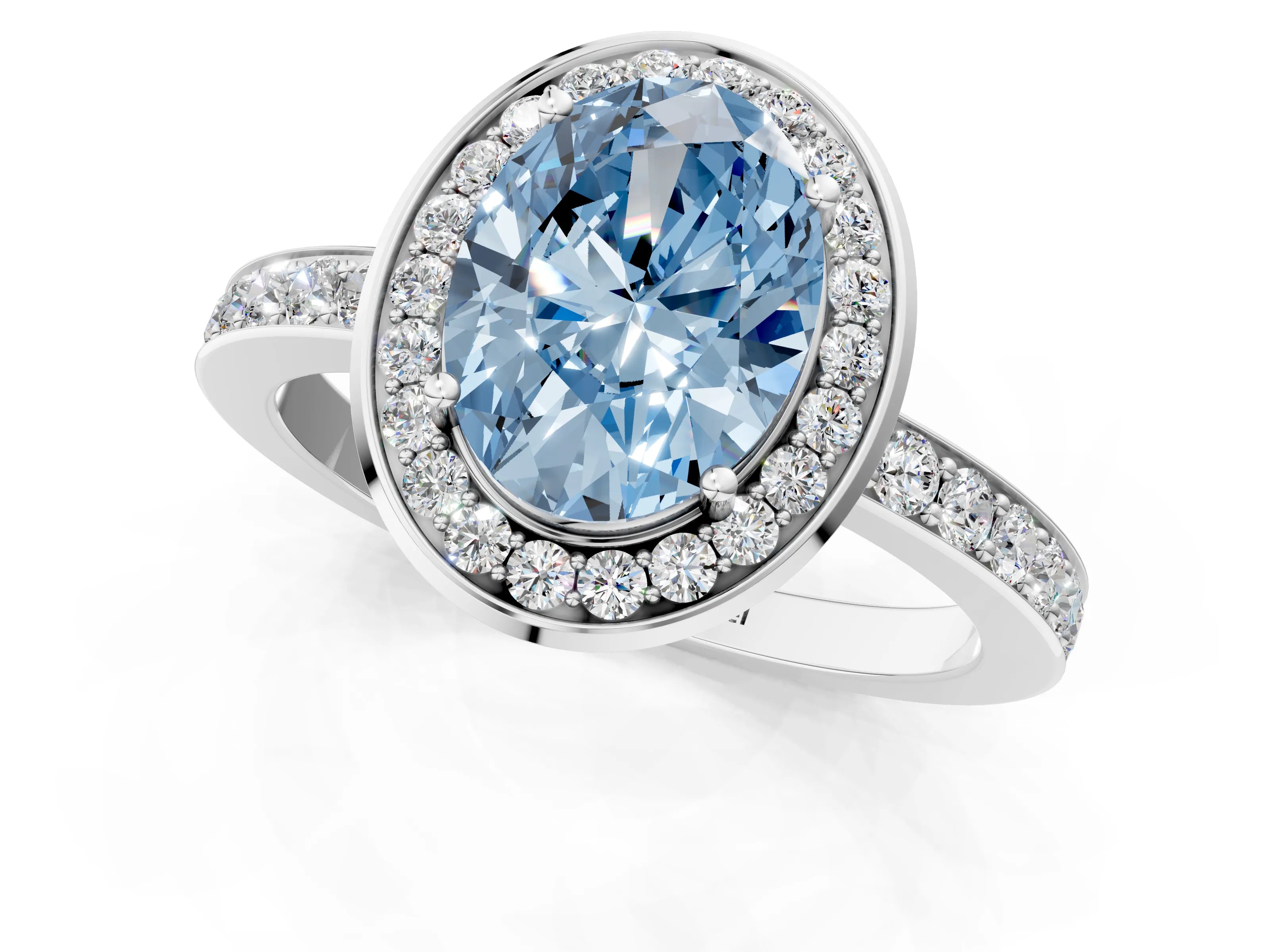 White gold Fancy Blue Oval Cut Diamond Halo Ring with Bezel Frame and Pavé Band_1