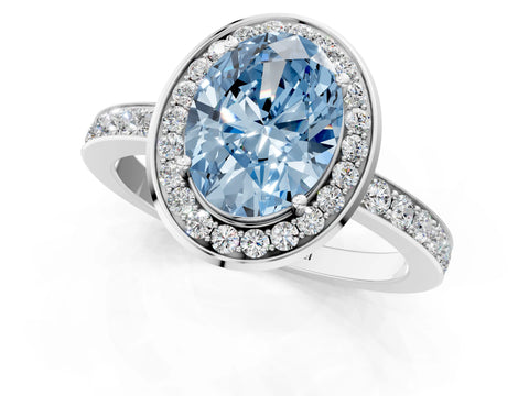 White gold Fancy Blue Oval Cut Diamond Halo Ring with Bezel Frame and Pavé Band_1