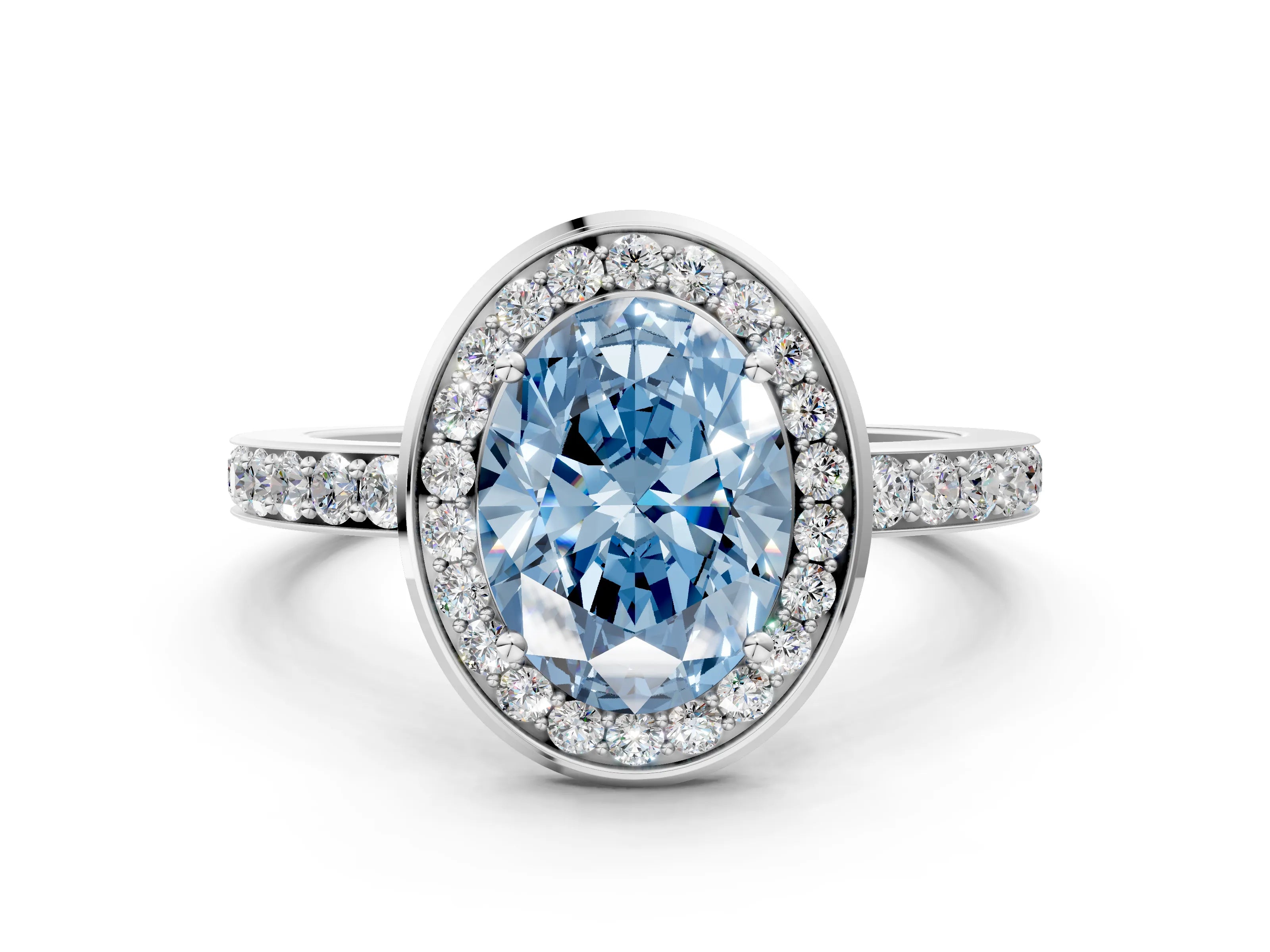 White gold Fancy Blue Oval Cut Diamond Halo Ring with Bezel Frame and Pavé Band