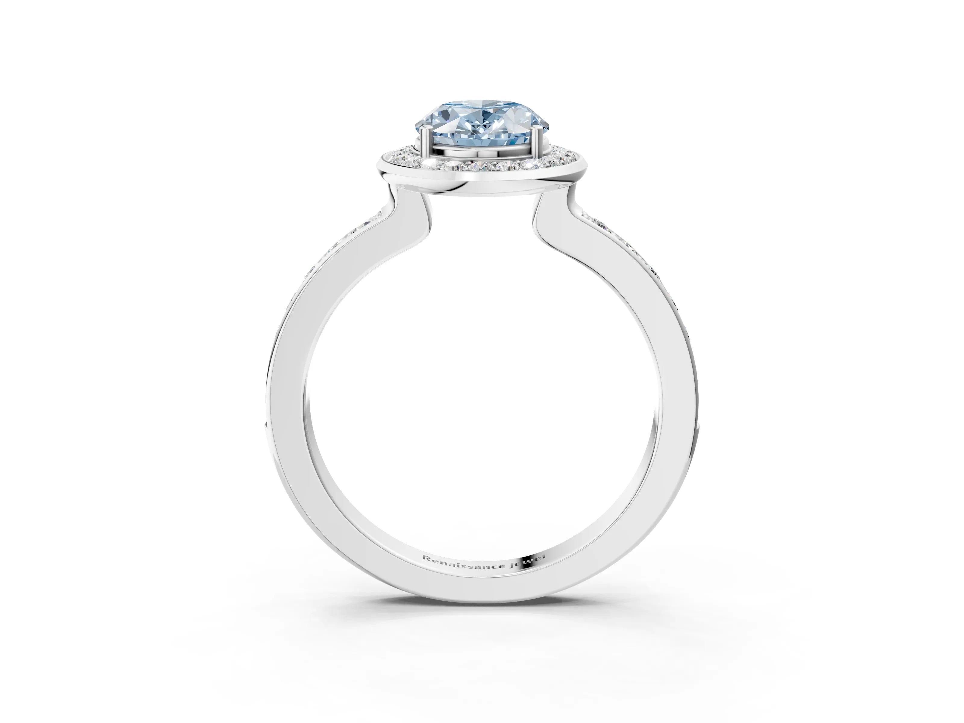 White gold Fancy Blue Oval Cut Diamond Halo Ring with Bezel Frame and Pavé Band_3