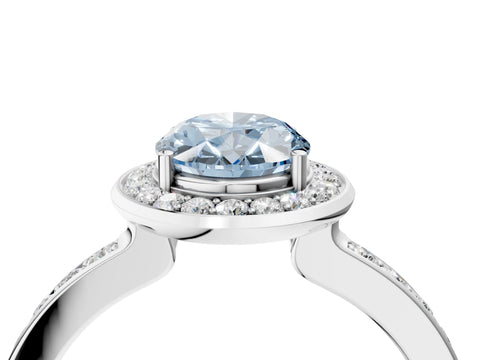 White gold Fancy Blue Oval Cut Diamond Halo Ring with Bezel Frame and Pavé Band_4