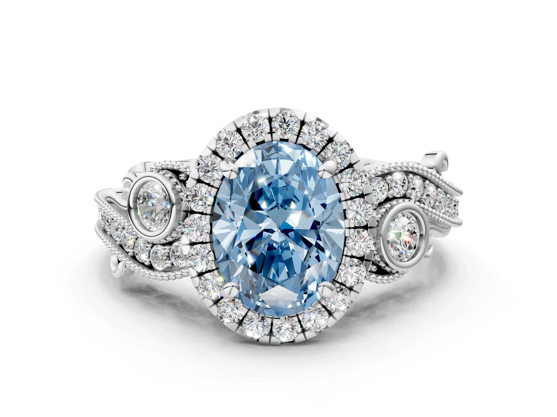 White gold Fancy Blue Oval Cut Diamond Halo Ring with Milgrain Pavé Band and Four-Prong Setting_65