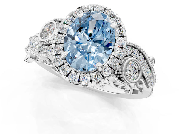 Platinum Fancy Blue Oval Cut Diamond Halo Ring with Milgrain Pavé Band and Four-Prong Setting