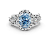 White gold Fancy Blue Oval Cut Diamond Halo Ring with Milgrain Pavé Band and Four-Prong Setting_66