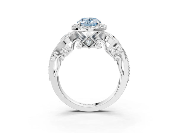 Platinum Fancy Blue Oval Cut Diamond Halo Ring with Milgrain Pavé Band and Four-Prong Setting