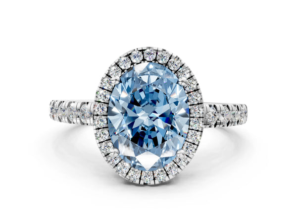 Platinum Fancy Blue Oval Cut Diamond Halo Ring with Pavé Band and Four-Prong Setting
