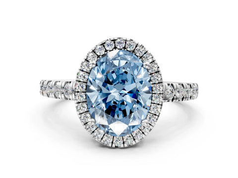 White gold Fancy Blue Oval Cut Diamond Halo Ring with Pavé Band and Four-Prong Setting_12