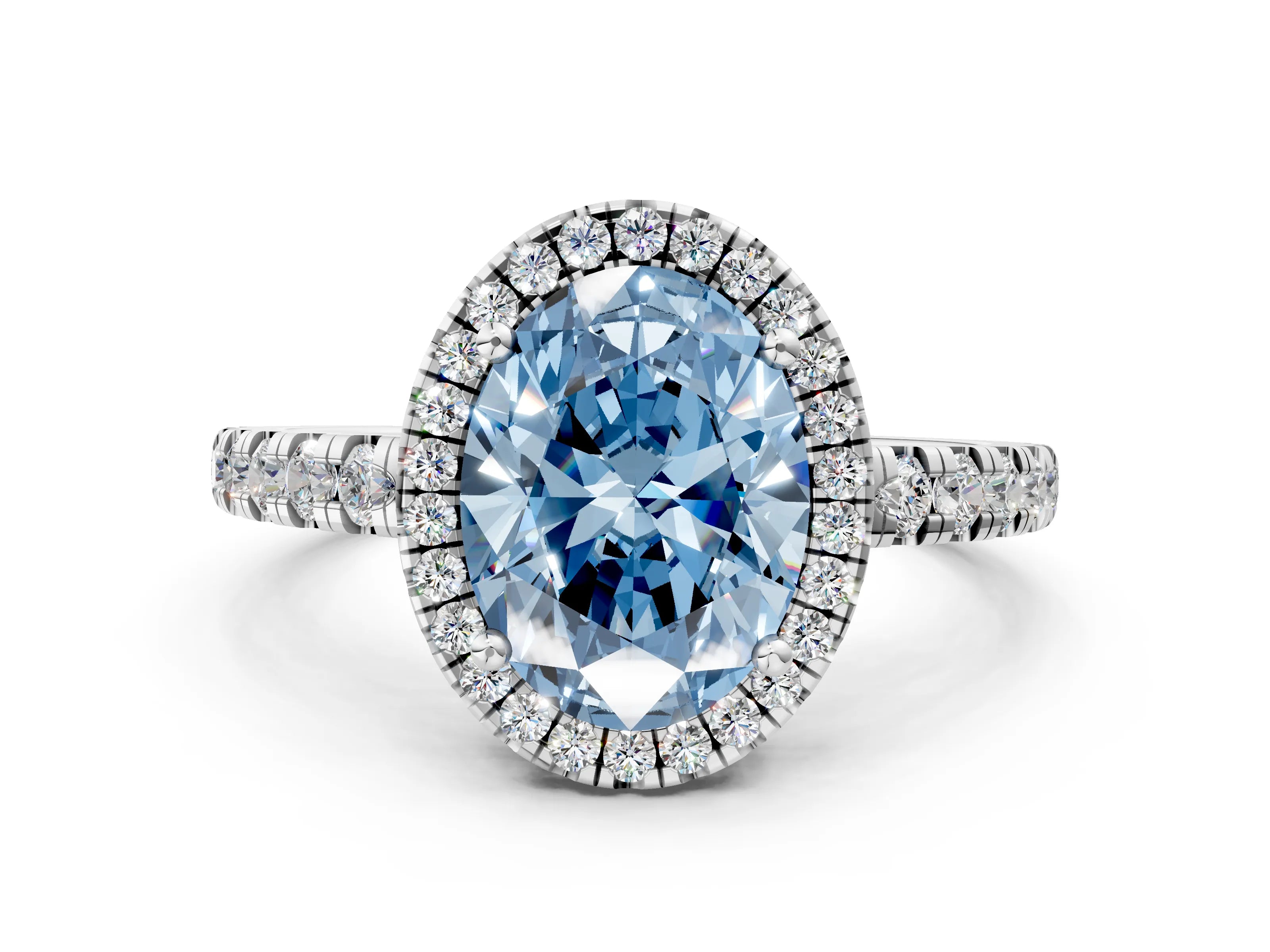 White gold Fancy Blue Oval Cut Diamond Halo Ring with Pavé Band and Four-Prong Setting_12