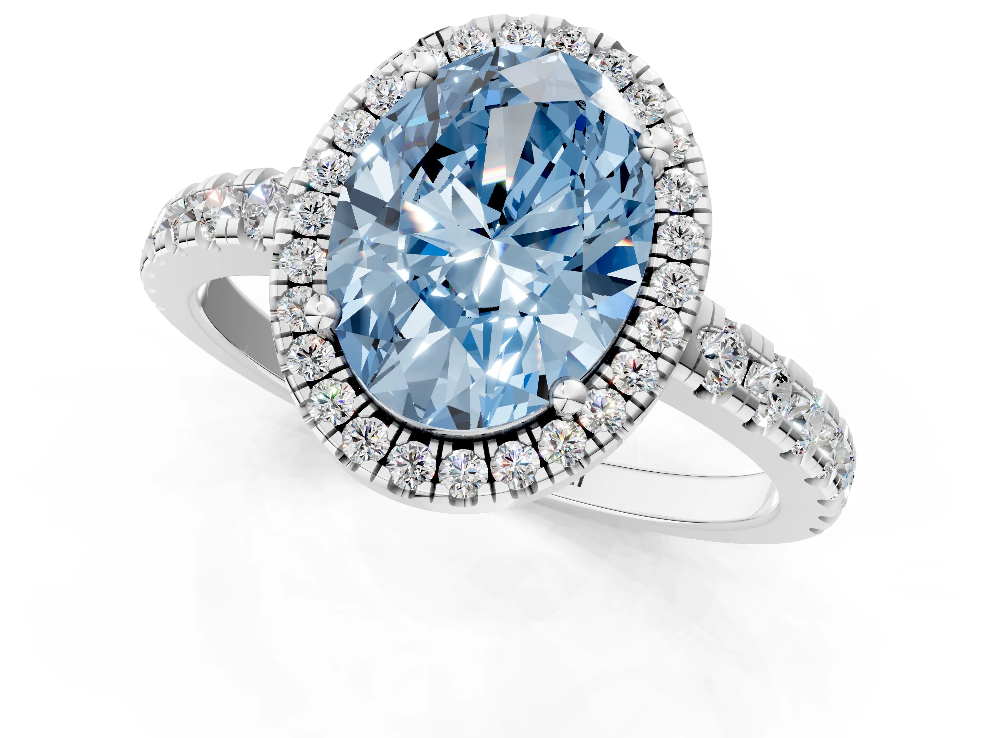 White gold Fancy Blue Oval Cut Diamond Halo Ring with Pavé Band and Four-Prong Setting_13