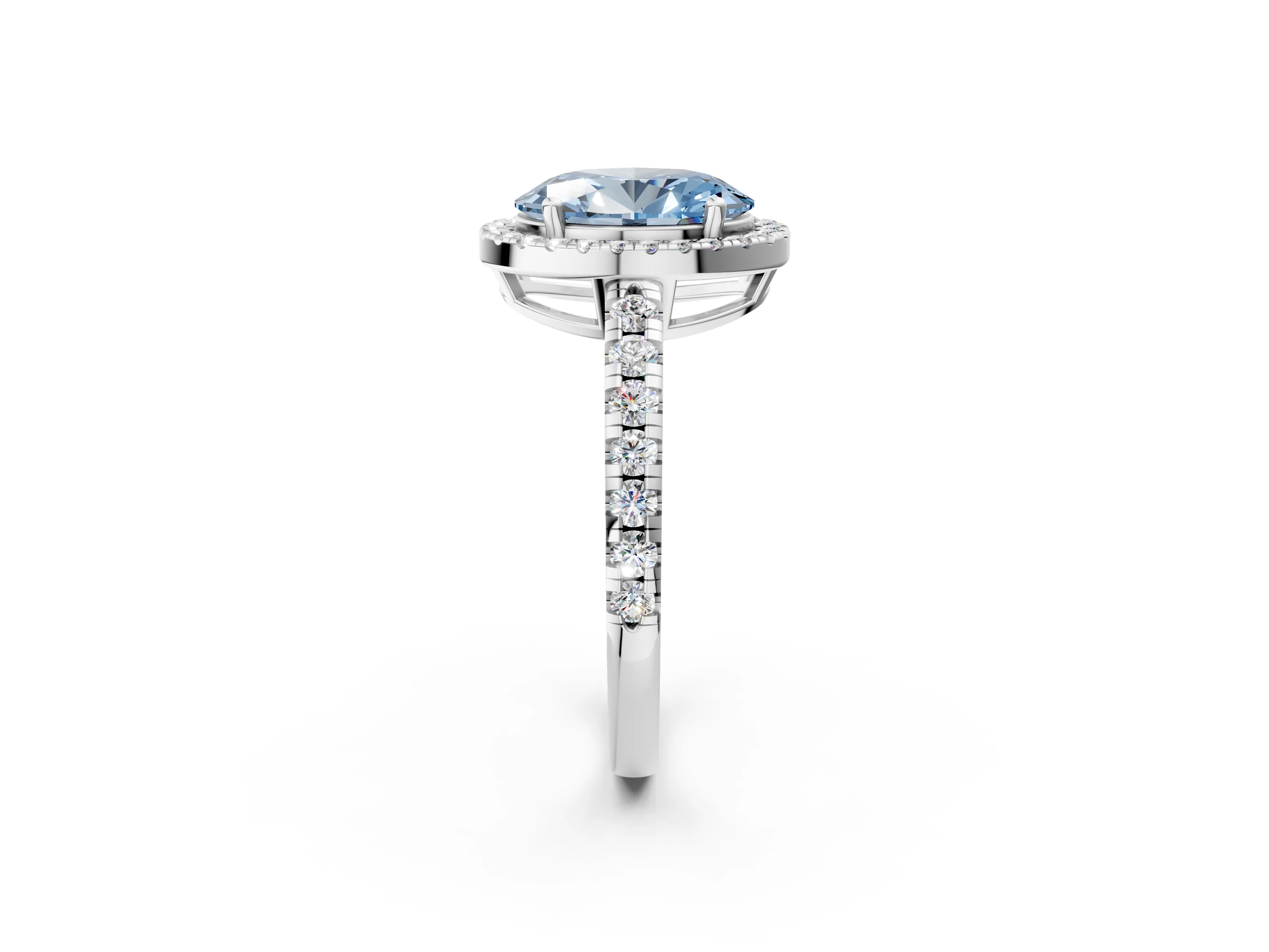 White gold Fancy Blue Oval Cut Diamond Halo Ring with Pavé Band and Four-Prong Setting_14