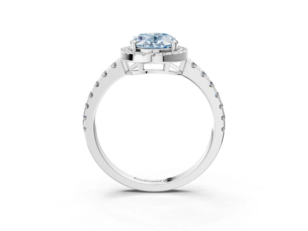 Platinum Fancy Blue Oval Cut Diamond Halo Ring with Pavé Band and Four-Prong Setting