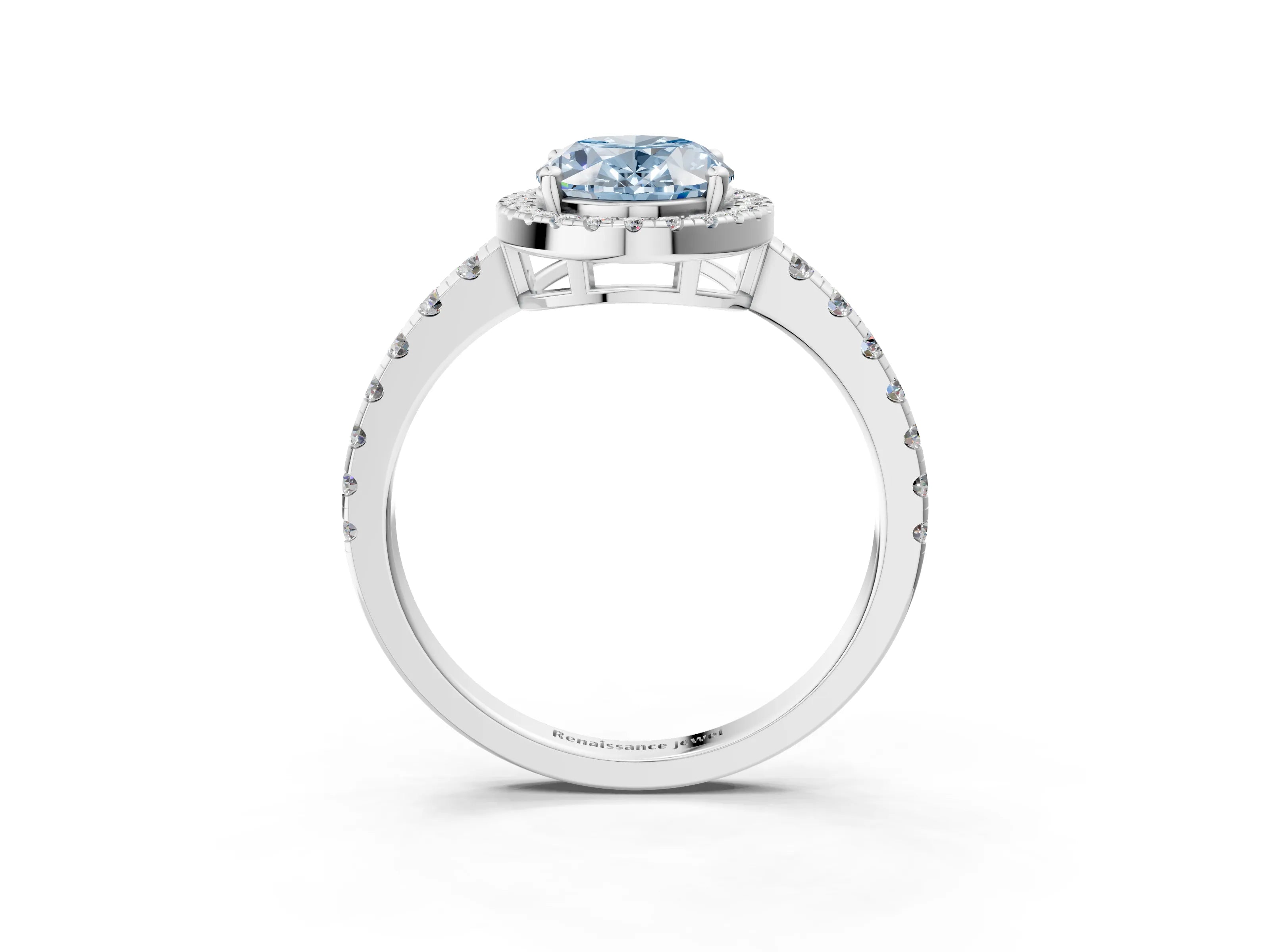 White gold Fancy Blue Oval Cut Diamond Halo Ring with Pavé Band and Four-Prong Setting_15