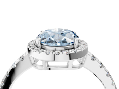White gold Fancy Blue Oval Cut Diamond Halo Ring with Pavé Band and Four-Prong Setting_16