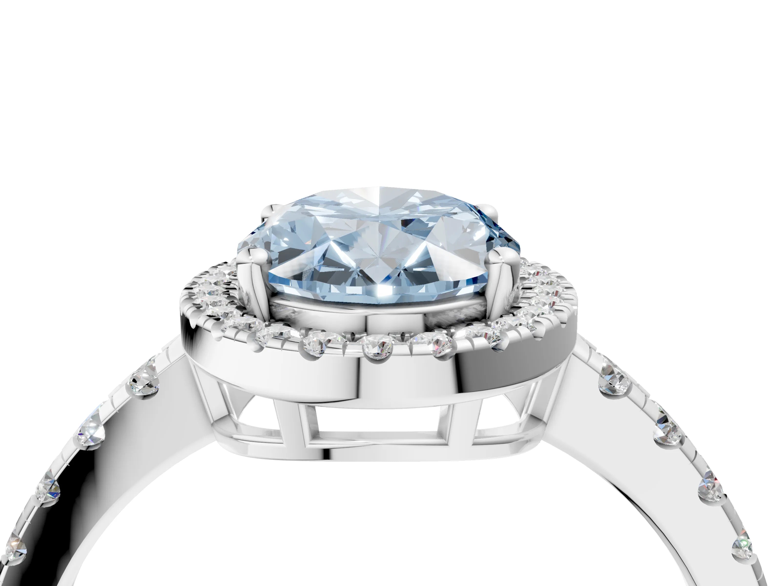 White gold Fancy Blue Oval Cut Diamond Halo Ring with Pavé Band and Four-Prong Setting_16