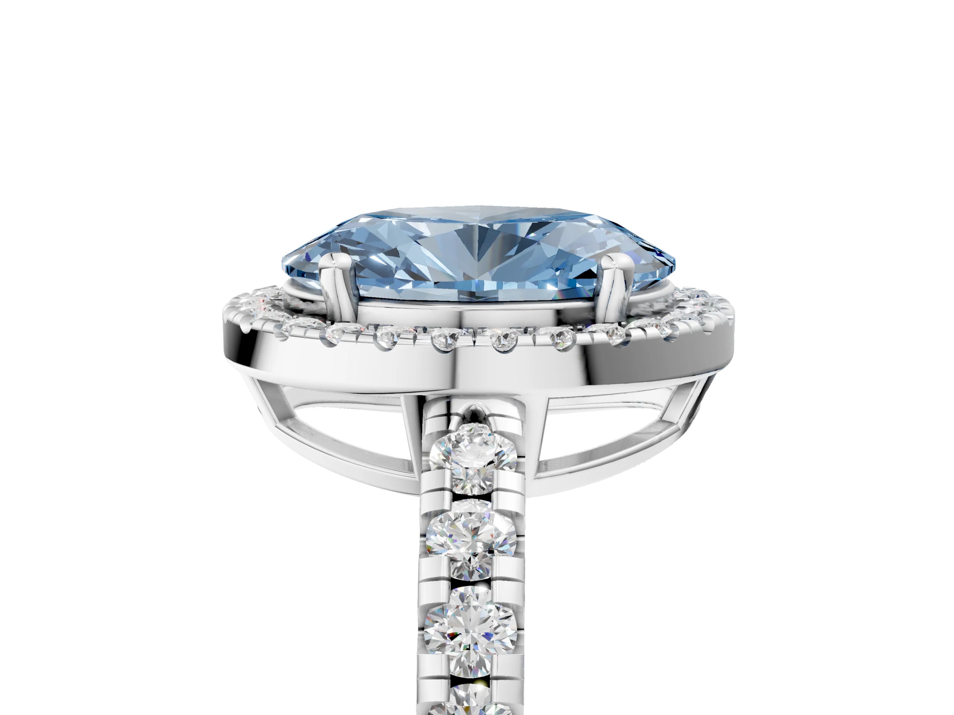 White gold Fancy Blue Oval Cut Diamond Halo Ring with Pavé Band and Four-Prong Setting_17