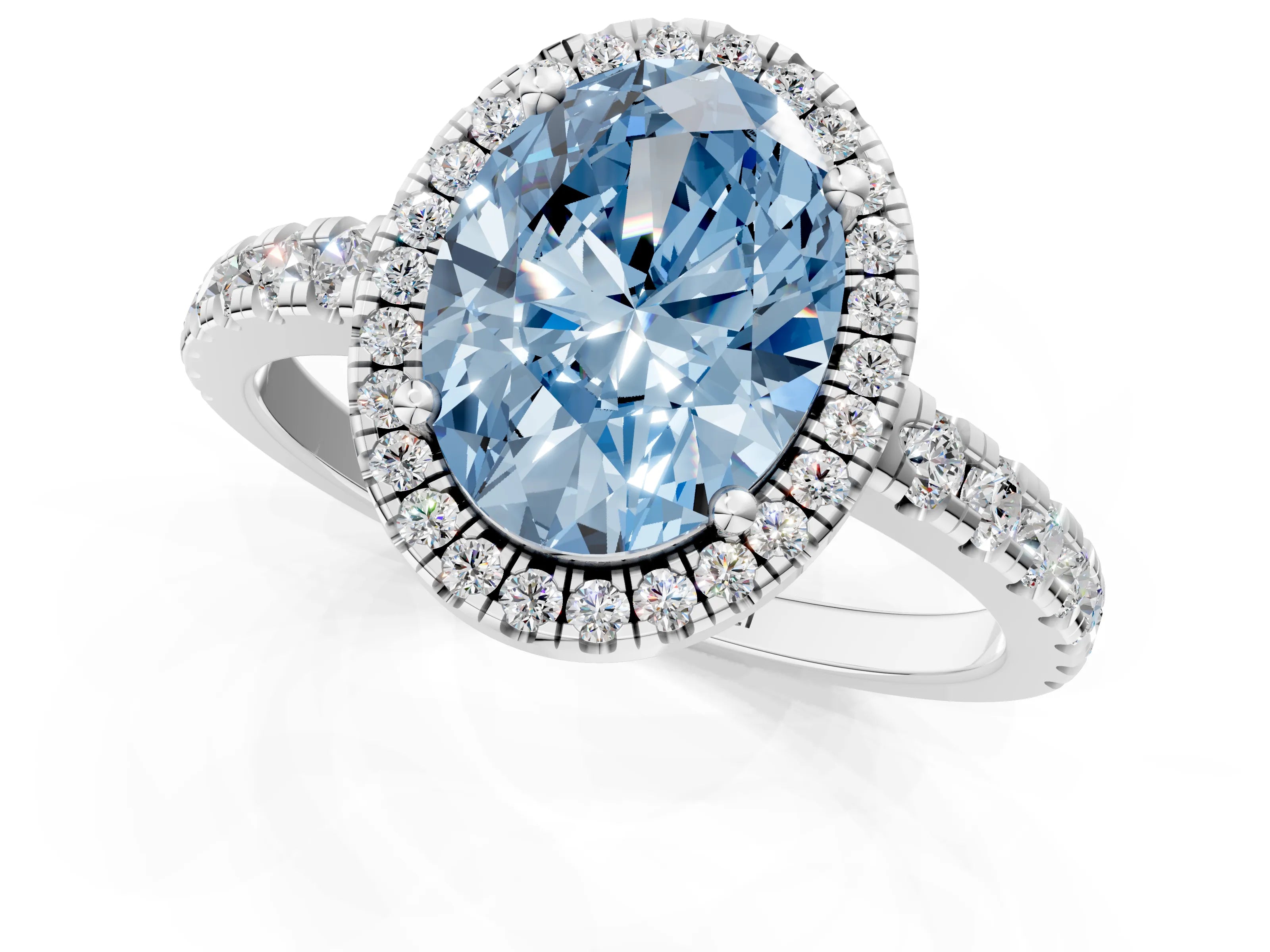 White gold Fancy Blue Oval Cut Diamond Halo Ring with Pavé Band and Four-Prong Setting_1