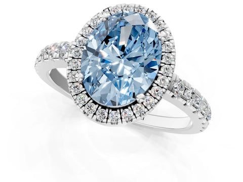 White gold Fancy Blue Oval Cut Diamond Halo Ring with Pavé Band and Four-Prong Setting_1