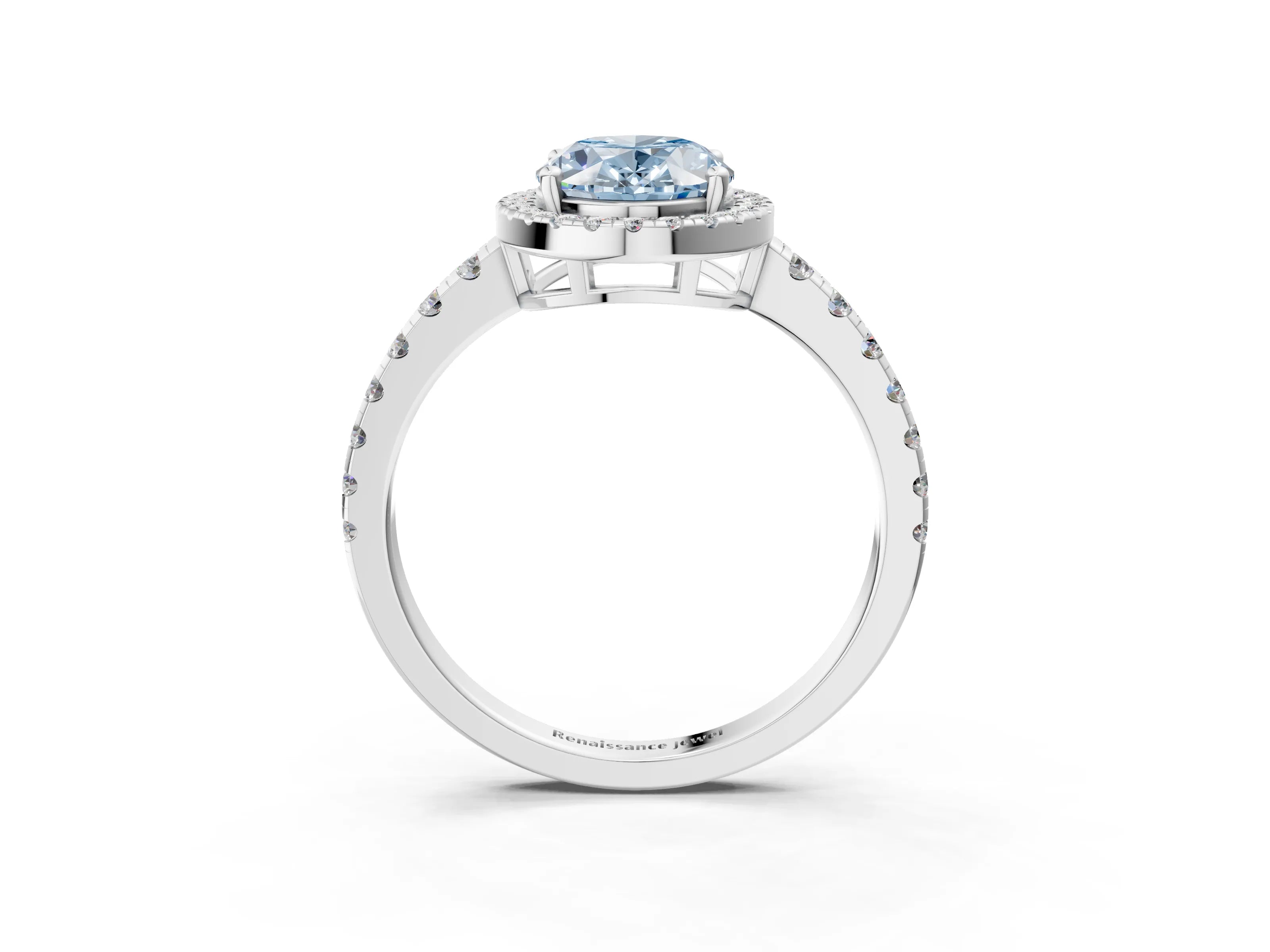 White gold Fancy Blue Oval Cut Diamond Halo Ring with Pavé Band and Four-Prong Setting_3