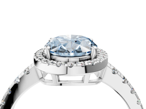 White gold Fancy Blue Oval Cut Diamond Halo Ring with Pavé Band and Four-Prong Setting_4