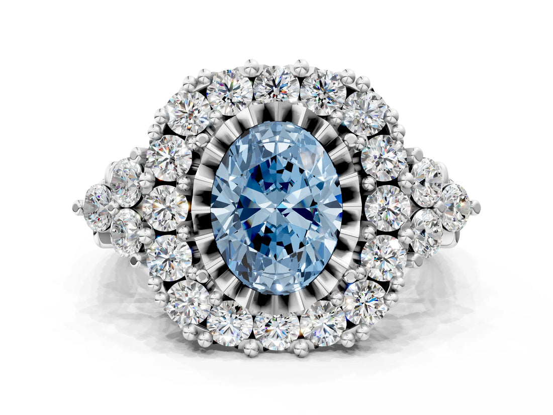 White gold Fancy Blue Oval Cut Diamond Halo Ring with Pavé Band and Four-Prong Setting_53