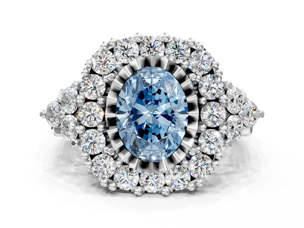 Platinum Fancy Blue Oval Cut Diamond Halo Ring with Pavé Band and Four-Prong Setting
