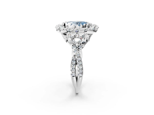 Platinum Fancy Blue Oval Cut Diamond Halo Ring with Pavé Band and Four-Prong Setting