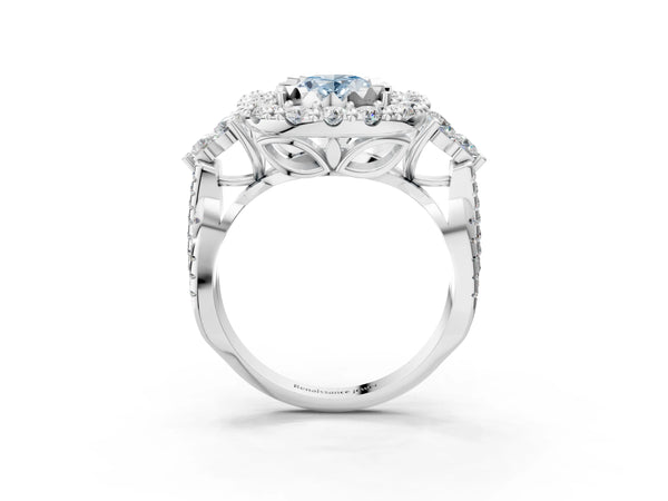 Platinum Fancy Blue Oval Cut Diamond Halo Ring with Pavé Band and Four-Prong Setting