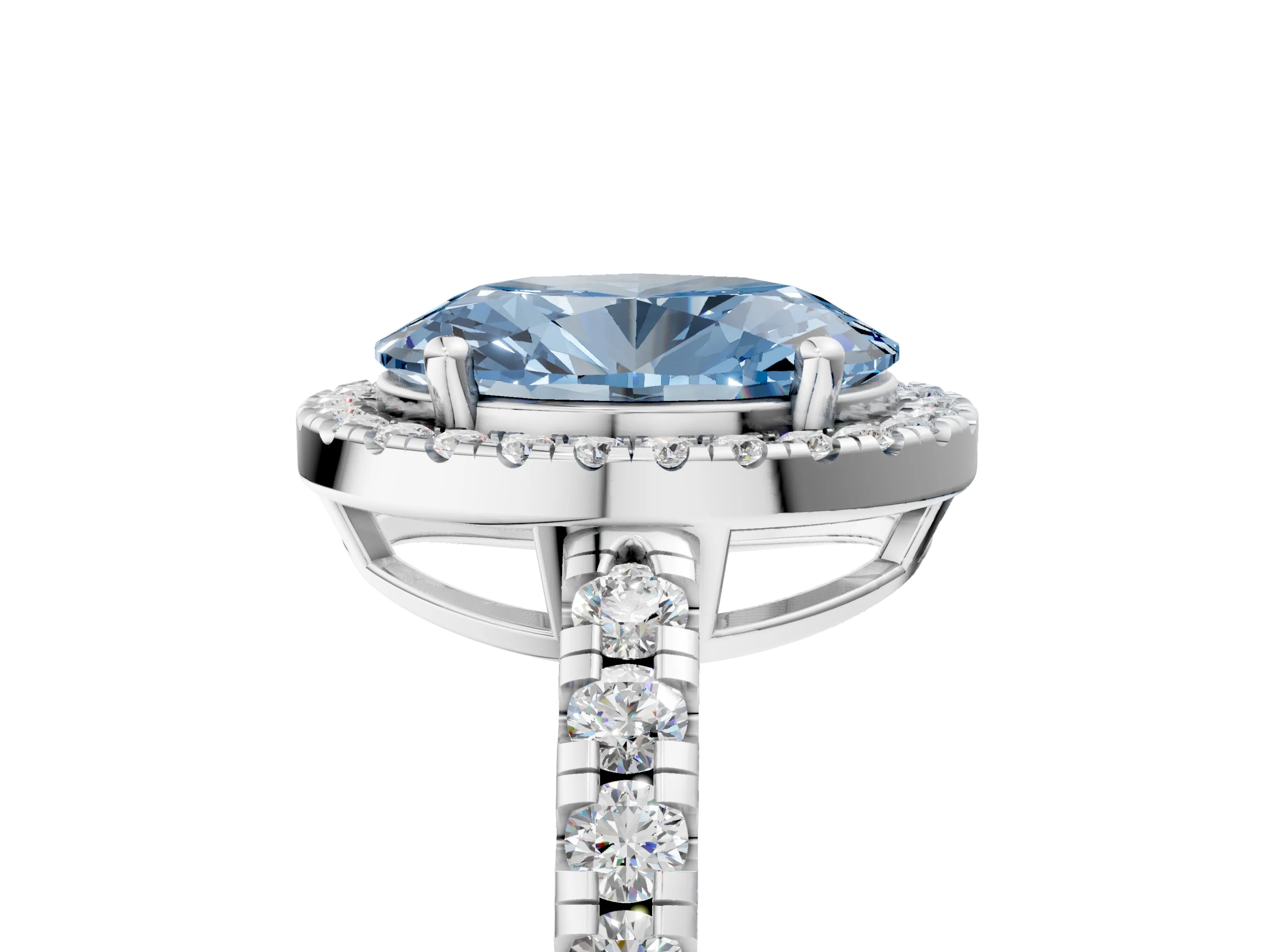White gold Fancy Blue Oval Cut Diamond Halo Ring with Pavé Band and Four-Prong Setting_5