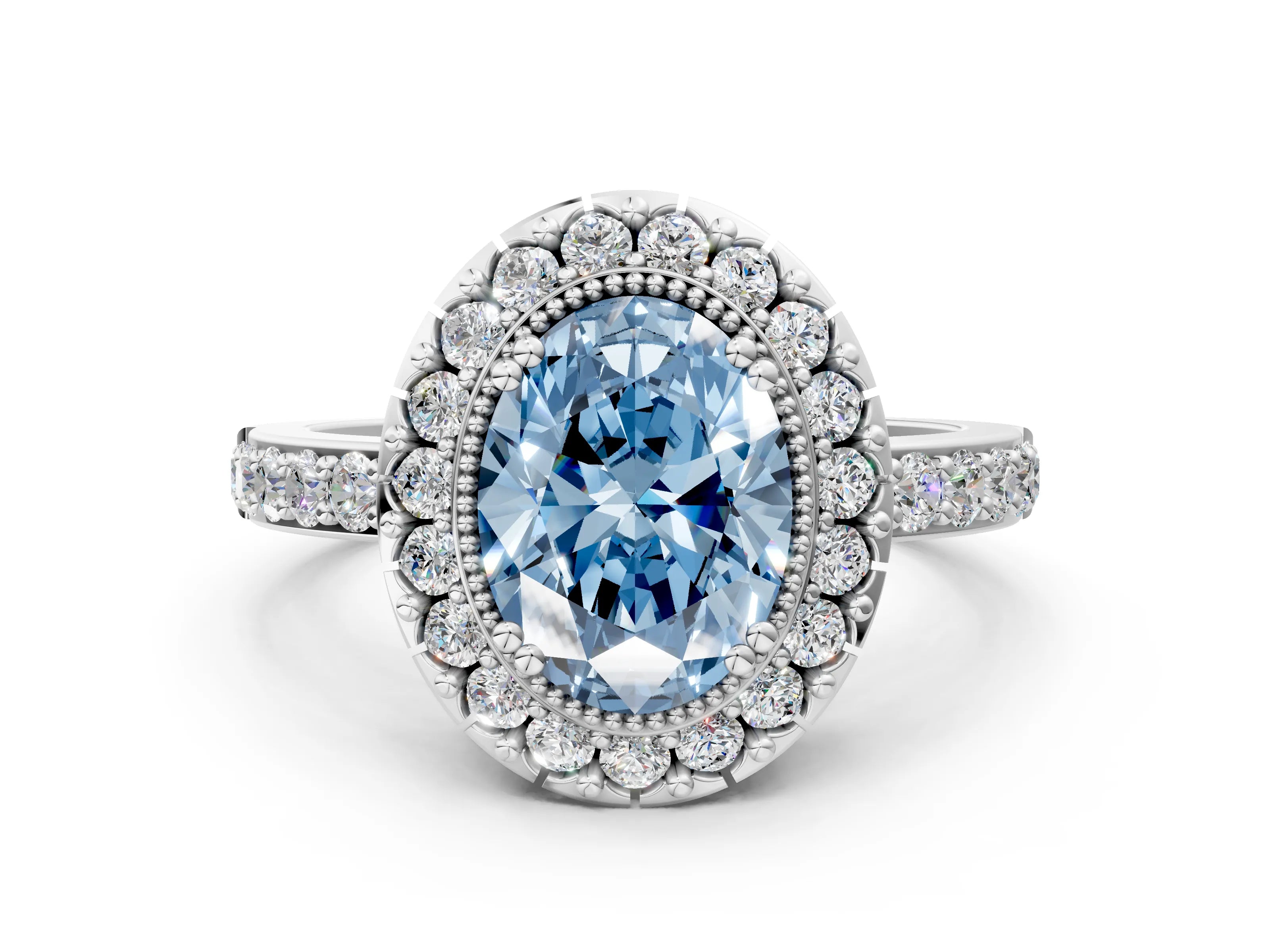 White gold Fancy Blue Oval Cut Diamond Halo Ring with Pavé Band and Prong Setting_12