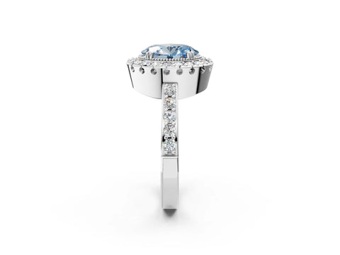 White gold Fancy Blue Oval Cut Diamond Halo Ring with Pavé Band and Prong Setting_14