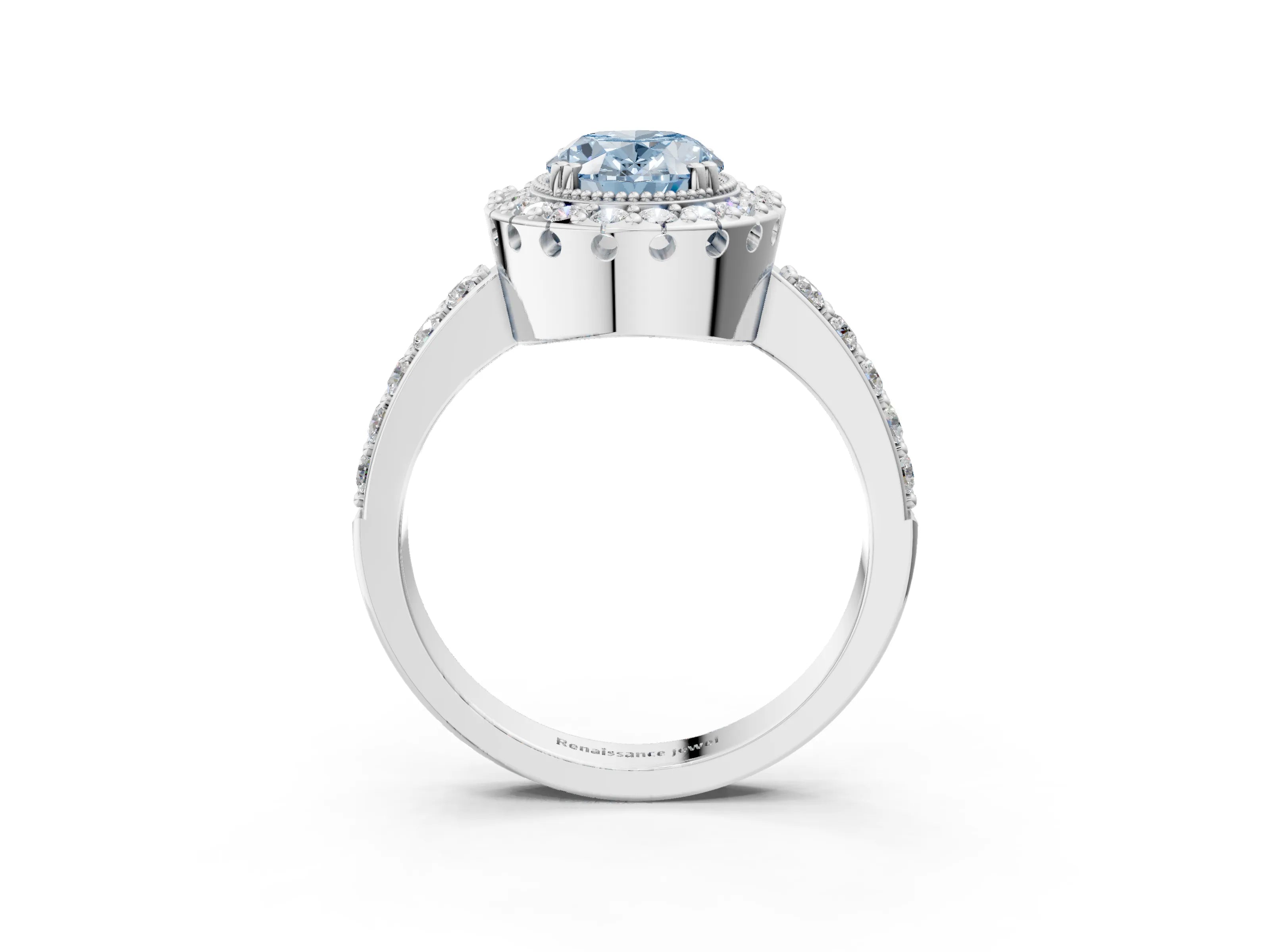 White gold Fancy Blue Oval Cut Diamond Halo Ring with Pavé Band and Prong Setting_15