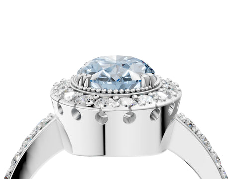 White gold Fancy Blue Oval Cut Diamond Halo Ring with Pavé Band and Prong Setting_16