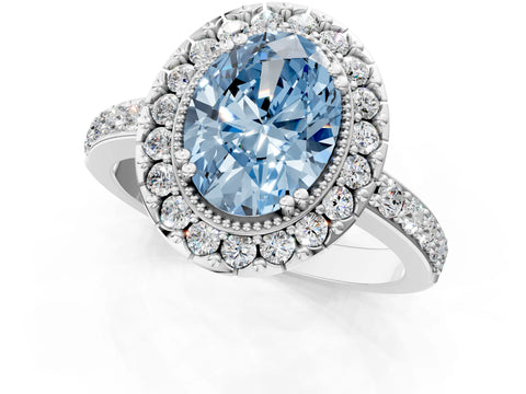 White gold Fancy Blue Oval Cut Diamond Halo Ring with Pavé Band and Prong Setting_1