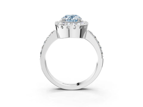 White gold Fancy Blue Oval Cut Diamond Halo Ring with Pavé Band and Prong Setting_3