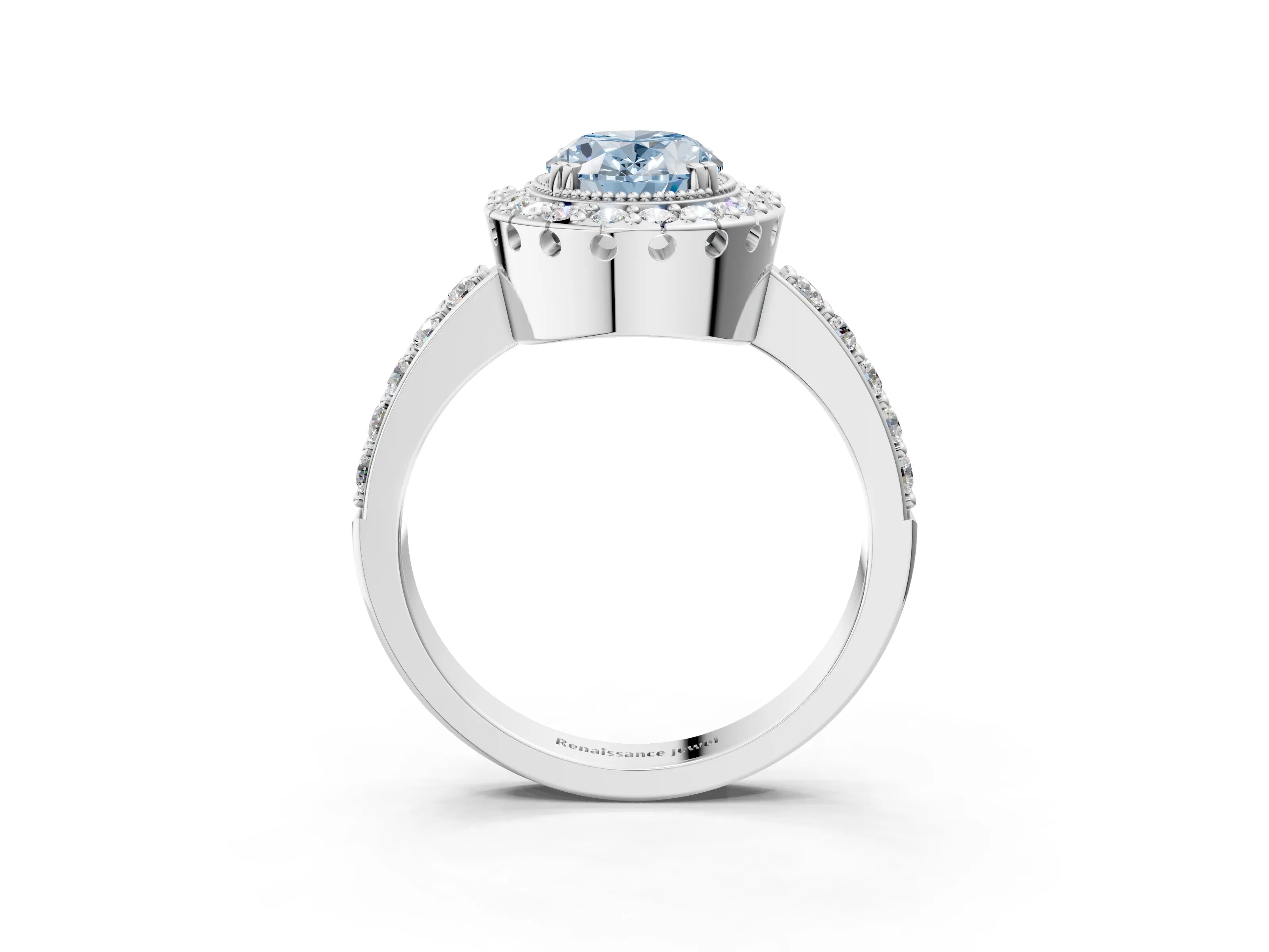 White gold Fancy Blue Oval Cut Diamond Halo Ring with Pavé Band and Prong Setting_3