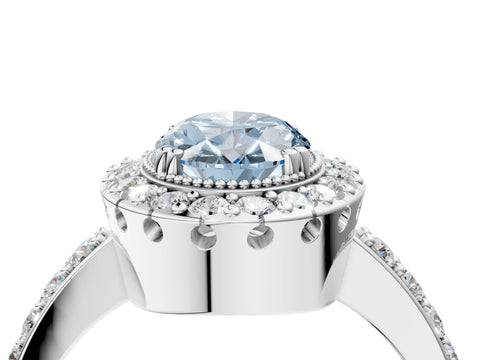 White gold Fancy Blue Oval Cut Diamond Halo Ring with Pavé Band and Prong Setting_4
