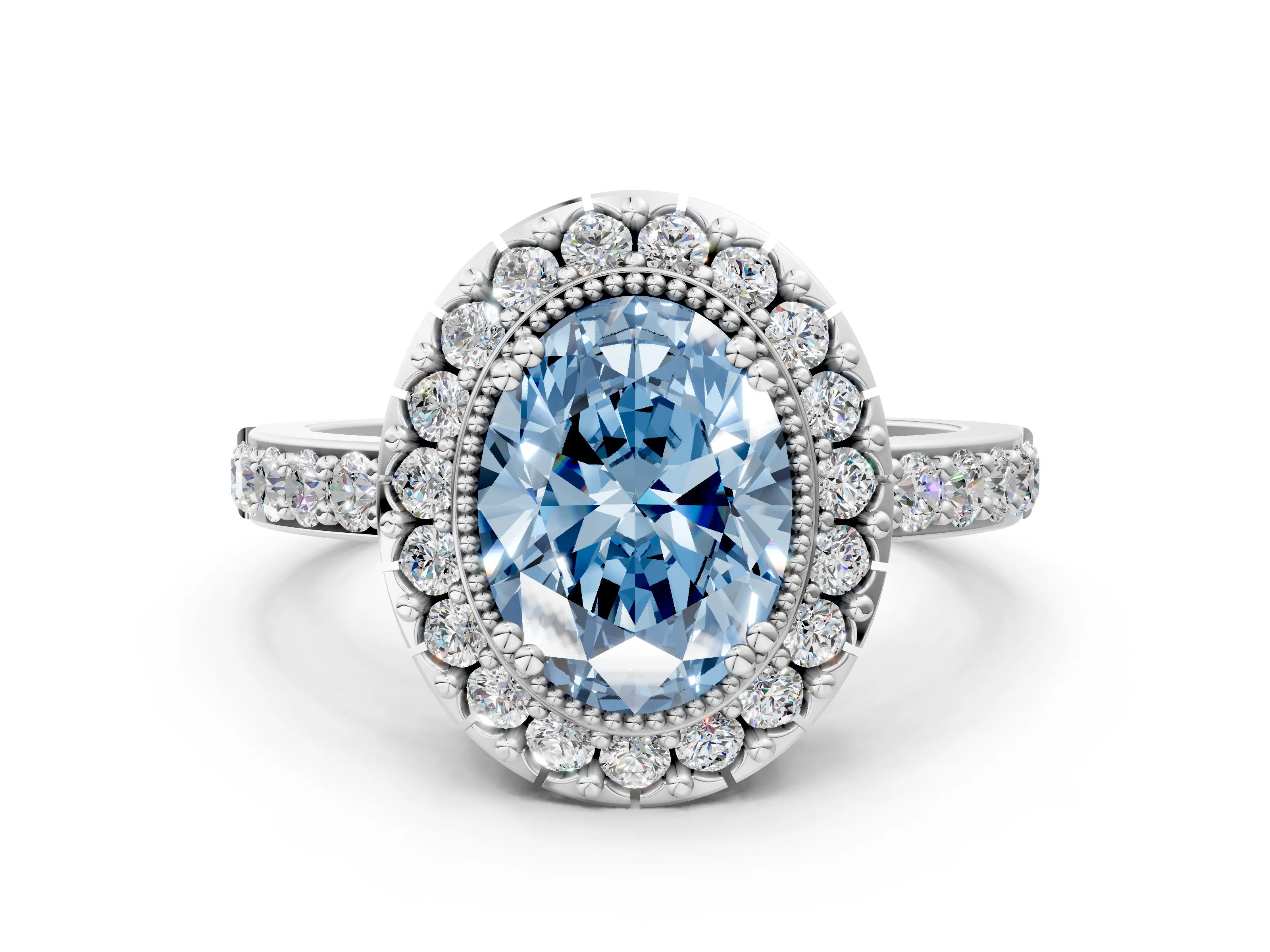 White gold Fancy Blue Oval Cut Diamond Halo Ring with Pavé Band and Prong Setting