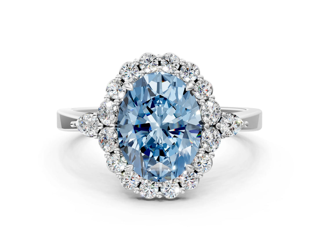 White gold Fancy Blue Oval Cut Diamond Halo Ring with Pear Side Stones and Prong Setting_78