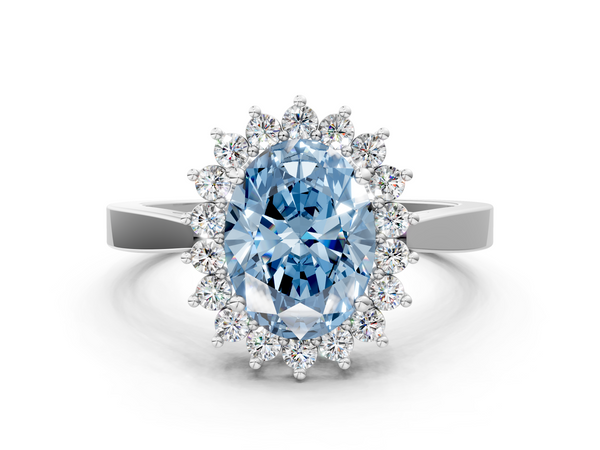 Platinum Fancy Blue Oval  Cut Diamond Halo Ring with Round Brilliant Halo and Solitaire Band