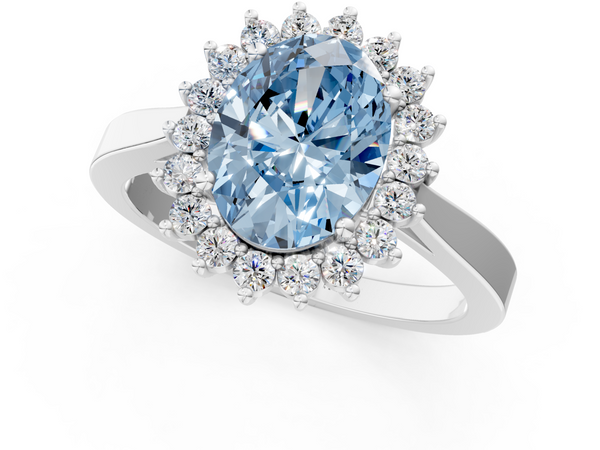 Platinum Fancy Blue Oval  Cut Diamond Halo Ring with Round Brilliant Halo and Solitaire Band
