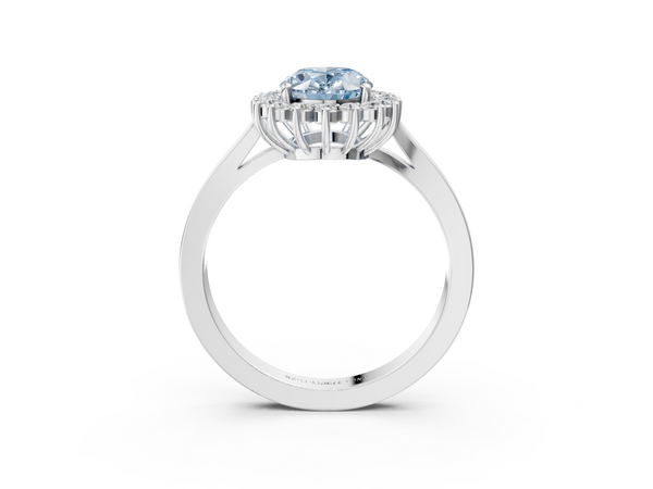 Platinum Fancy Blue Oval  Cut Diamond Halo Ring with Round Brilliant Halo and Solitaire Band