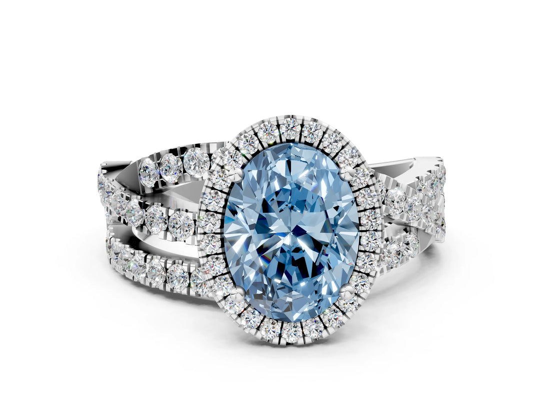 White gold Fancy Blue Oval Cut Diamond Halo Ring with Round Split Shank and Prong Setting_60