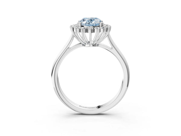 White gold Fancy Blue Oval  Cut Diamond Halo Ring with Solitaire Band and Prong Setting