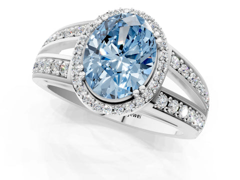 White gold Fancy Blue Oval Cut Diamond Halo Ring with Split Shank Pavé Band and Four-Prong Setting_1