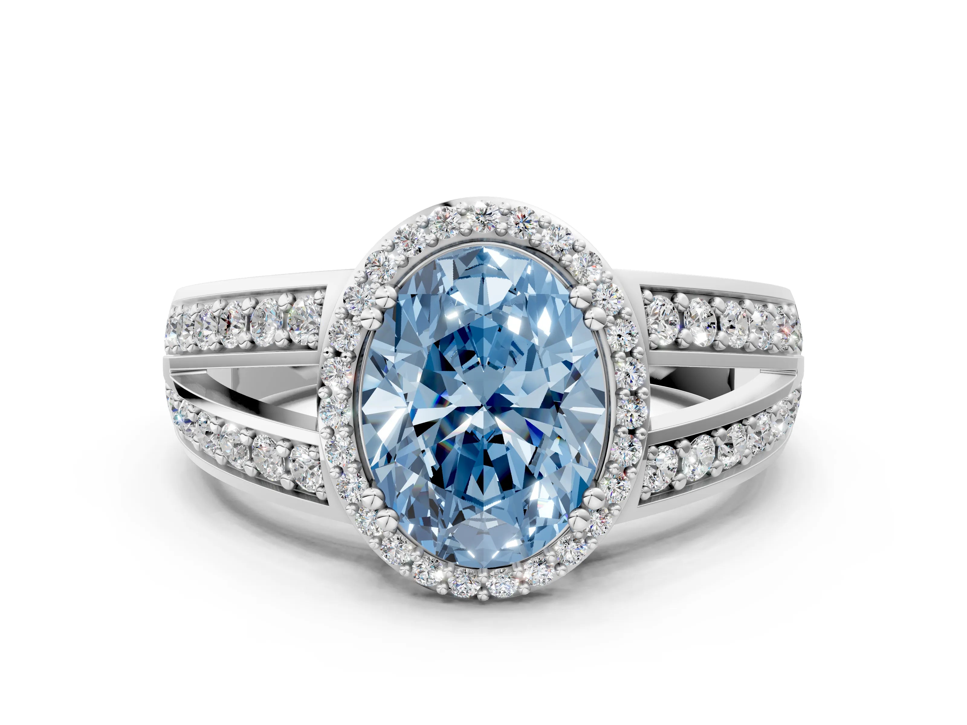 White gold Fancy Blue Oval Cut Diamond Halo Ring with Split Shank Pavé Band and Four-Prong Setting_22