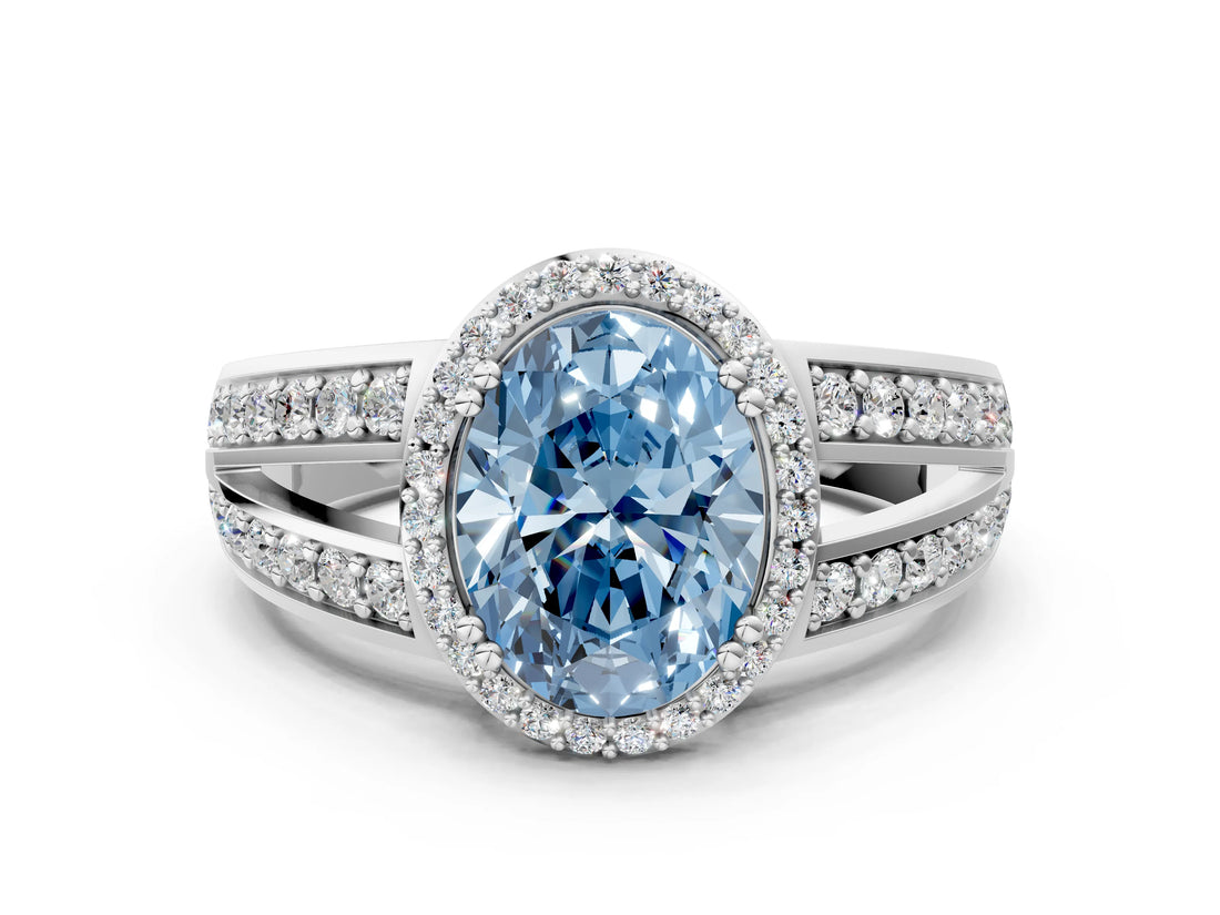 White gold Fancy Blue Oval Cut Diamond Halo Ring with Split Shank Pavé Band and Four-Prong Setting_24